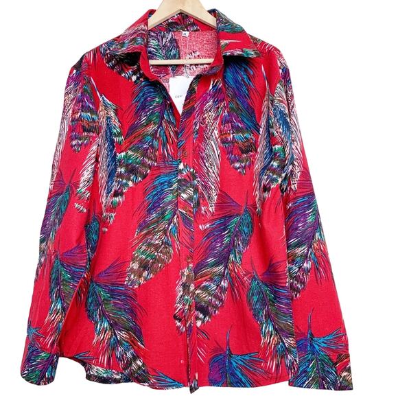Red Linen Feather Print Bitton Up Blouse Women’s Size Medium - Picture 1 of 7